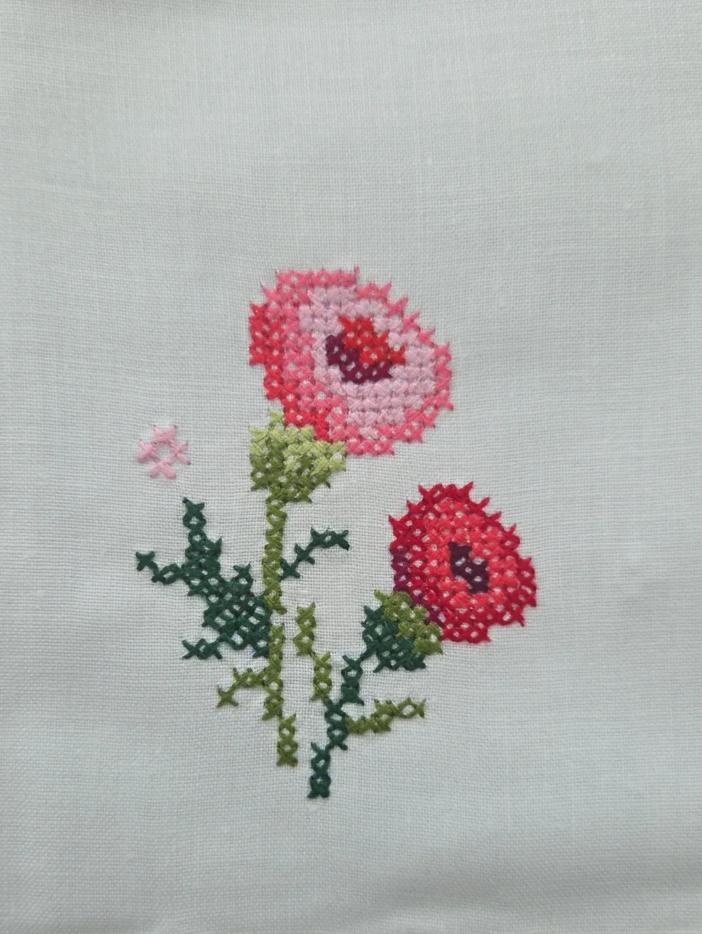 White Cotton Kitchen Tea Towels with Pink Floral Cross-Stitch - Set of 3